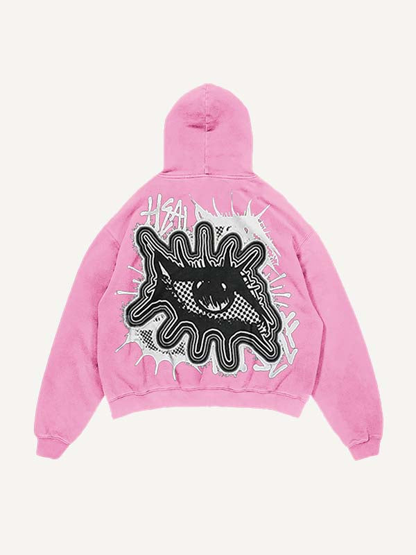 Distressed Washed Eye&Letter Faux Decal Print Slant Pockets Hoodie