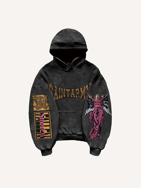 Figure&Wing&Letter Print Slant Pockets Hoodie