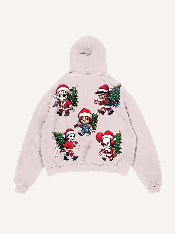 Distressed Washed Christmas Horror Print Slant Pockets Hoodie