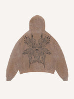 Distressed Washed Wing&Eye&Tears&Graphic Print Slant Pockets Hoodie