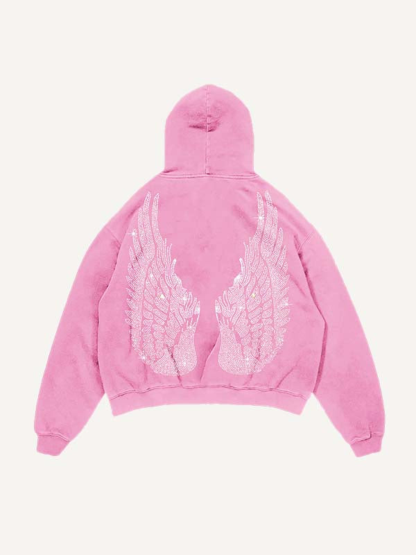 Distressed Washed Demon&Wing&Letter Faux Rhinestones Print Slant Pockets Hoodie