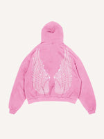 Distressed Washed Demon&Wing&Letter Faux Rhinestones Print Slant Pockets Hoodie