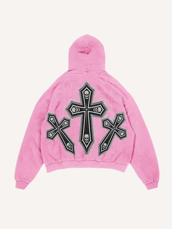 Distressed Washed Skull&Cross Faux Decal Print Slant Pockets Hoodie
