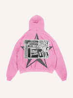 Distressed Washed Pistol&Letter Faux Decal Print Slant Pockets Hoodie