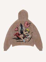 Distressed Washed Cupid&Heart Print Slant Pockets Hoodie