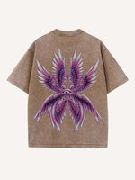 Distressed Washed Eye&Wing Print Round Neck T-shirt