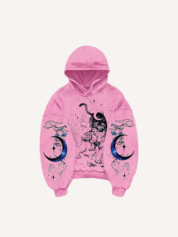 Tiger&Dragon&Phoenix&Sun&Moon Print Slant Pockets Hoodie