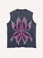 Distressed Washed Eye&Wing Print Round Neck Tank