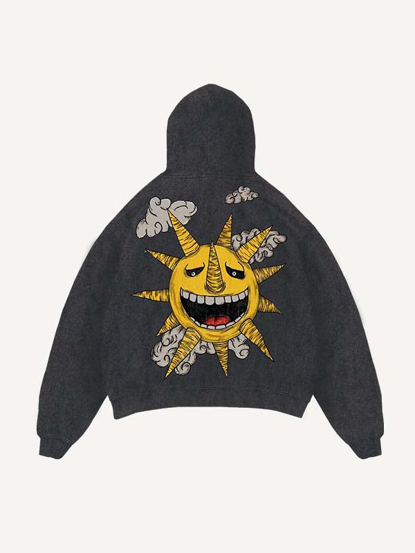Distressed Washed Evil Moon&Sun&Star&Cloud Print Slant Pockets Hoodie