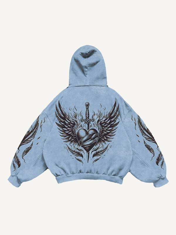 Figure&Wing&Heart&Sword Print Slant Pockets Hoodie