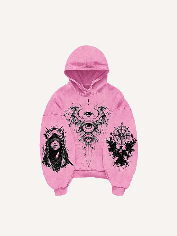 Figure&Wing&Eye&Animal&Letter Print Slant Pockets Hoodie