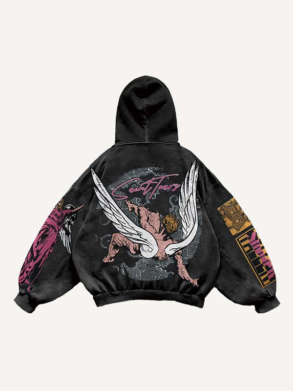 Figure&Wing&Letter Print Slant Pockets Hoodie