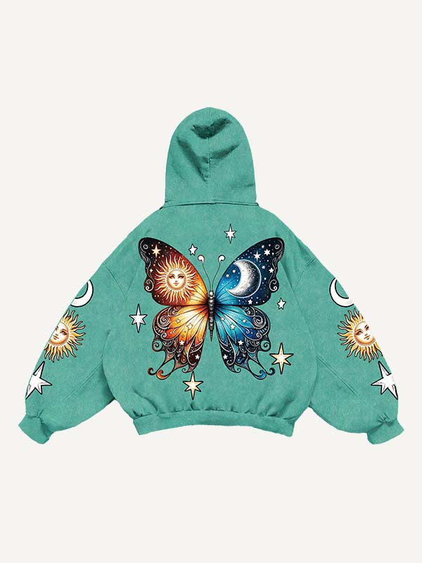 Butterfly&Sun&Moon&Graphic Print Slant Pockets Hoodie