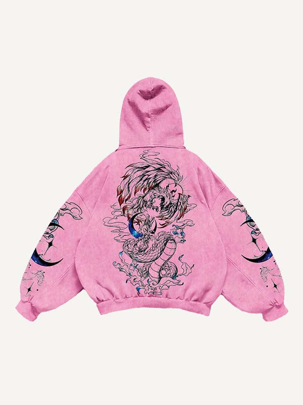 Tiger&Dragon&Phoenix&Sun&Moon Print Slant Pockets Hoodie
