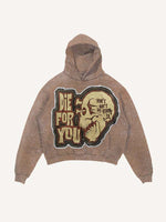 Distressed Washed Die For You Skull Faux Decal Print Slant Pockets Hoodie