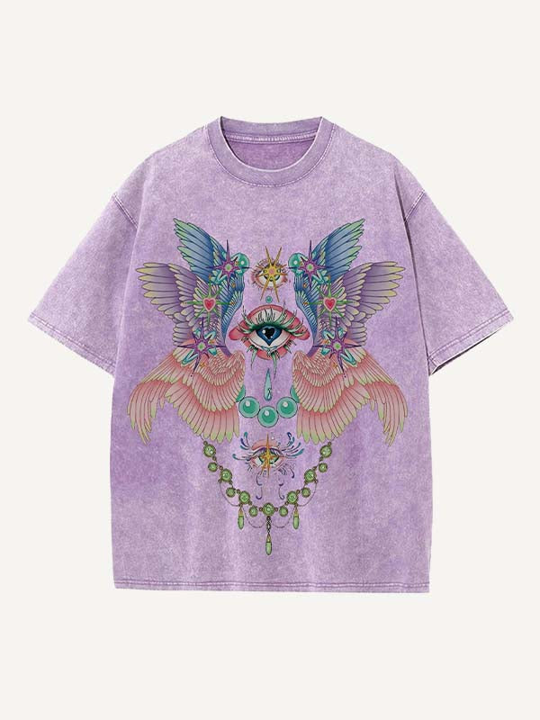 Distressed Washed Eye&Wing Print Round Neck T-shirt