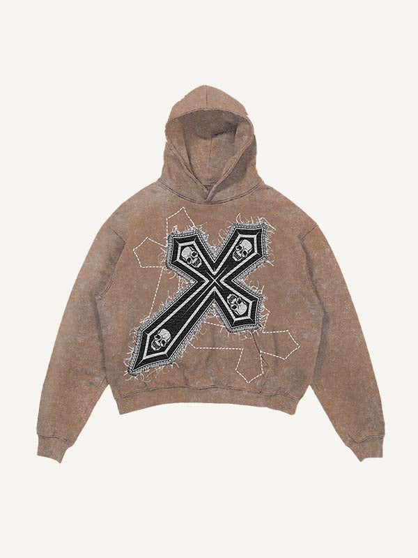 Distressed Washed Skull&Cross Faux Decal Print Slant Pockets Hoodie