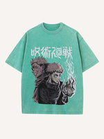 Distressed Washed Figure&Graphic&Fire Print Round Neck T-shirt