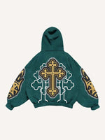 Cross&Letter&Graphic Faux Decal Print Slant Pockets Hoodie