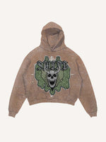 Distressed Washed Skull Faux Decal Print Slant Pockets Hoodie