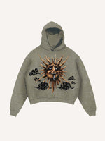 Distressed Washed Evil Moon&Sun&Cloud&Star Print Slant Pockets Hoodie