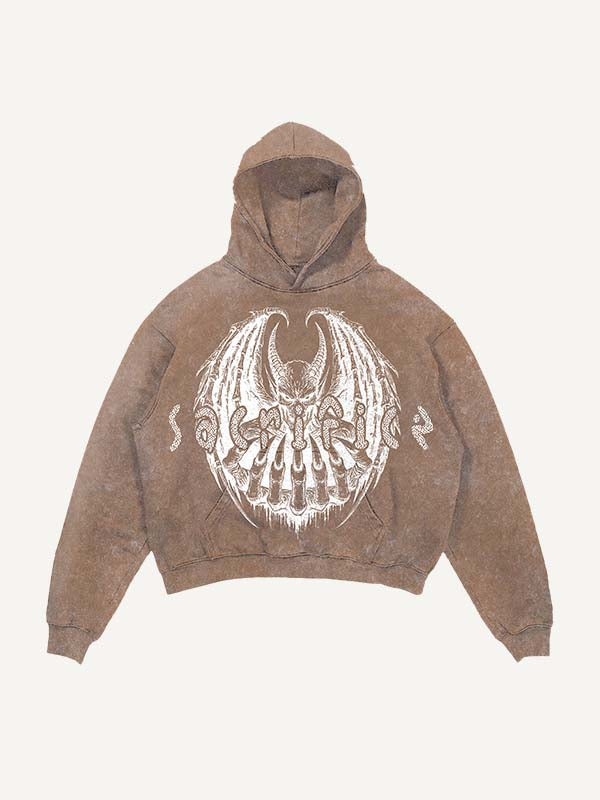 Distressed Washed Demon&Wing&Letter Faux Rhinestones Print Slant Pockets Hoodie