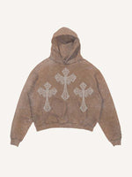 Distressed Washed Wing&Cross Faux Rhinestones Print Slant Pockets Hoodie