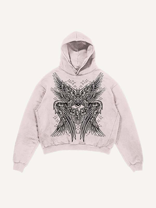 Distressed Washed Wing&Eye&Tears&Graphic Print Slant Pockets Hoodie
