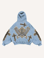 Cross&Wing Faux Decal Print Slant Pockets Hoodie