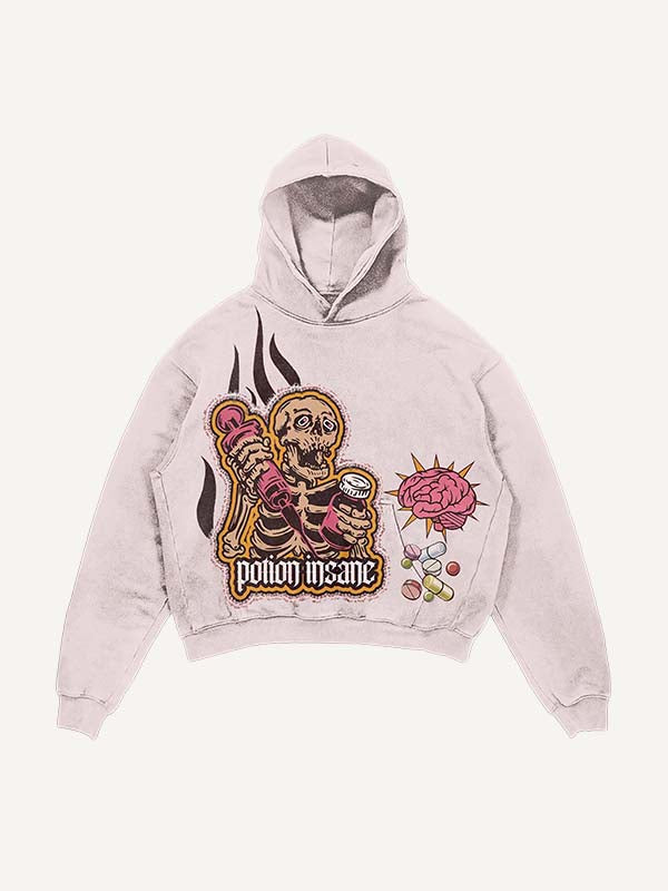 Distressed Washed Skeleton Injection Medicine&Letter Faux Decal Print Slant Pockets Hoodie