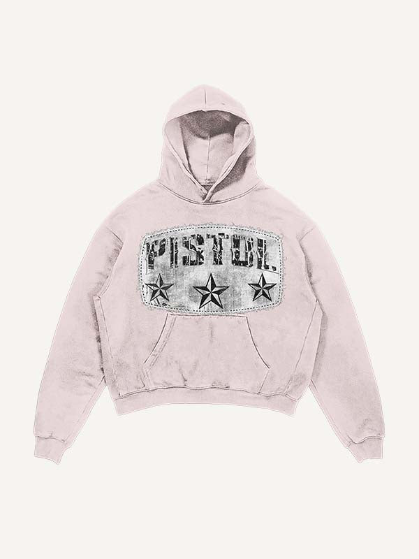 Distressed Washed Pistol&Letter Faux Decal Print Slant Pockets Hoodie