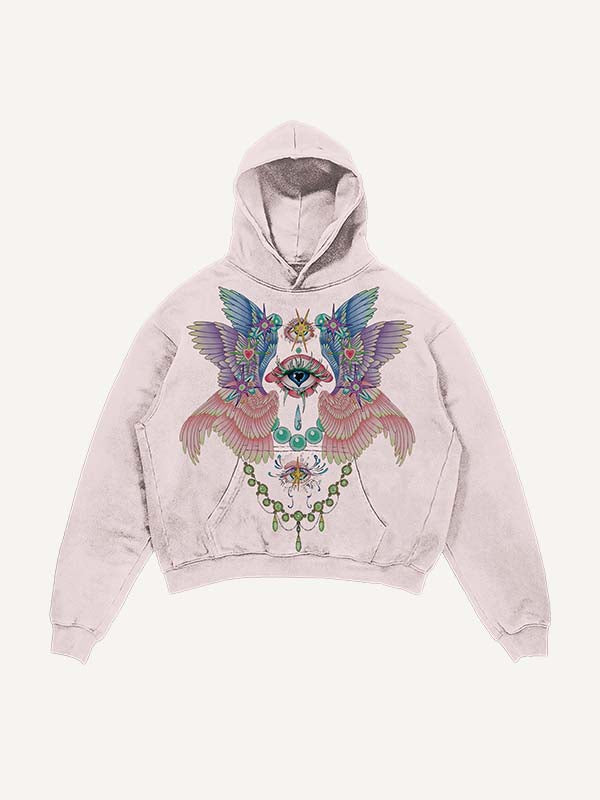Distressed Washed Eye&Wing Print Slant Pockets Hoodie