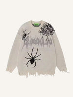 Spider&Web&Letter Jacquard Hole Round Neck Knit Sweater