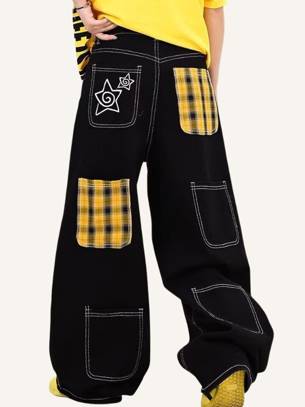 Plaid&Graphic Print Patchwork Curved Jeans