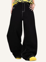 Plaid&Graphic Print Patchwork Curved Jeans