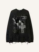 Cat&Cross&Letter Print Hole Tops