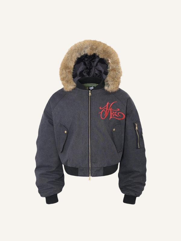 Letter Embroidery Fur-collared Cotton Coat