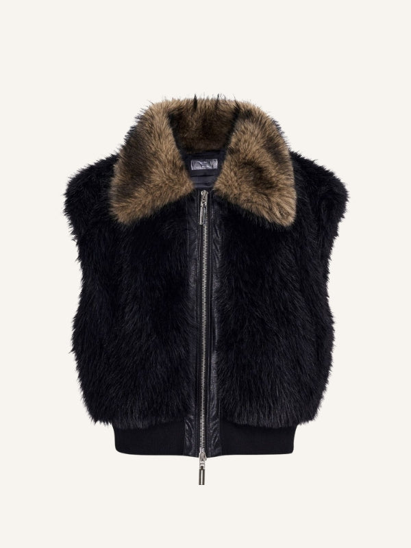 Colorblock Mink Faux Fur Zip Up Vest