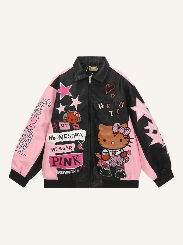 Colorblock Hello Kitty&Star&Letter Embroidery Jacket