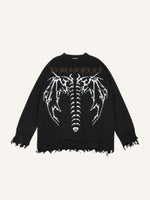 Skeleton&Wing&Letter Jacquard Round Neck Knit Sweater