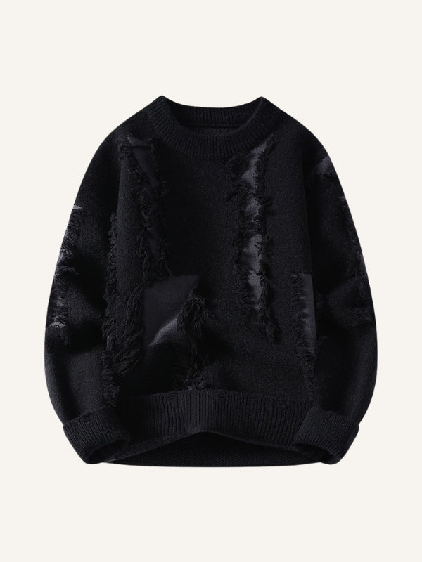 Colorblock Hole Thickened Round Neck Knit Sweater