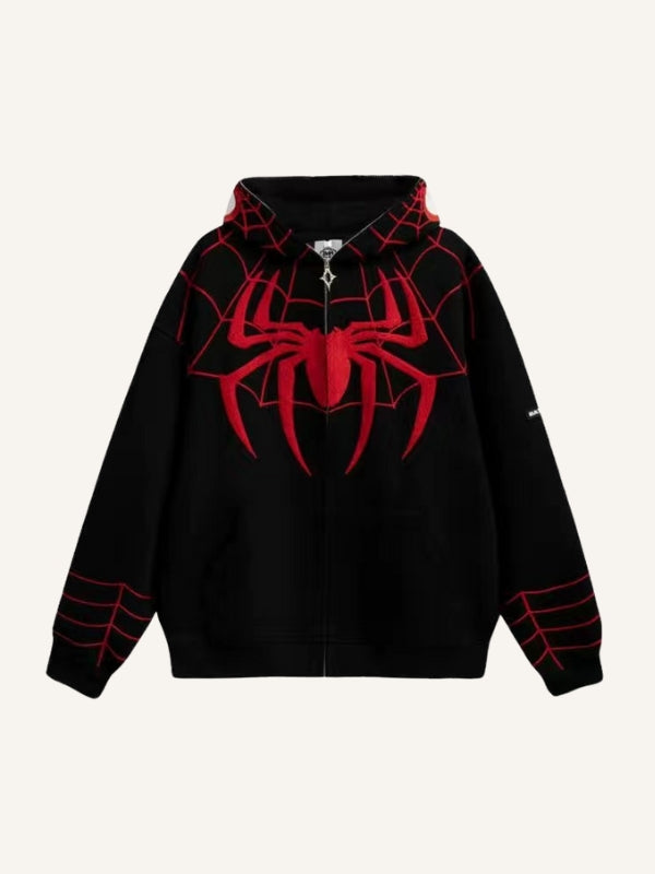 Spider&Web Print Zip Up Hooded Coat