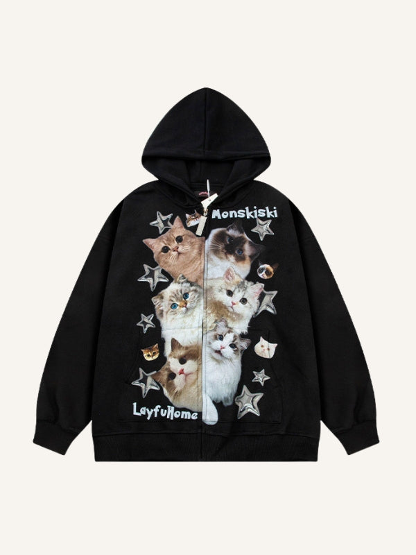 Cat&Star&Letter Print Zip Up Hooded Coat