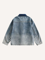 Distressed Washed Colorblock Button Denim Jacket