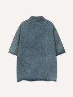 Distressed Washed Letter&Graphic Embroidery Denim Polo Shirt