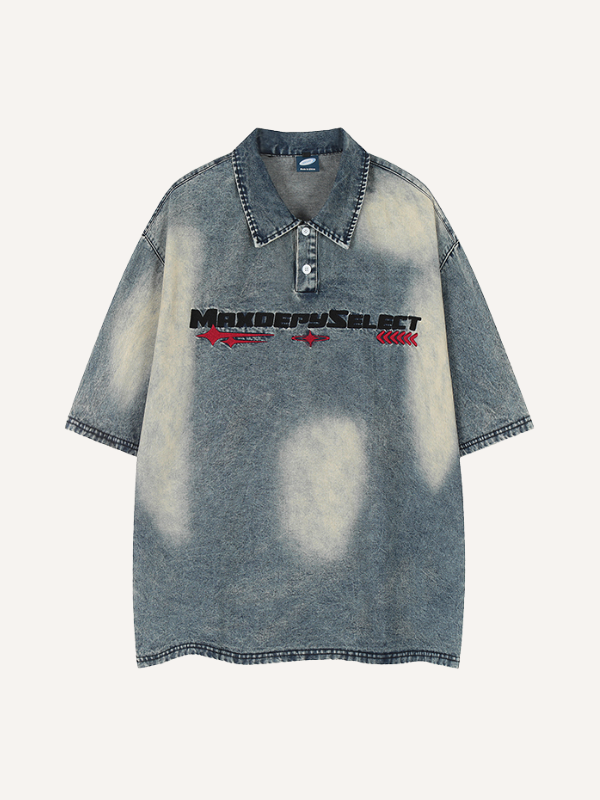 Distressed Washed Letter&Graphic Embroidery Denim Polo Shirt