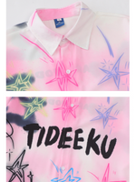 Tie-dye Letter&Star Graffiti Print Lapel Shirt