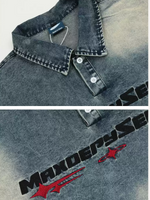 Distressed Washed Letter&Graphic Embroidery Denim Polo Shirt