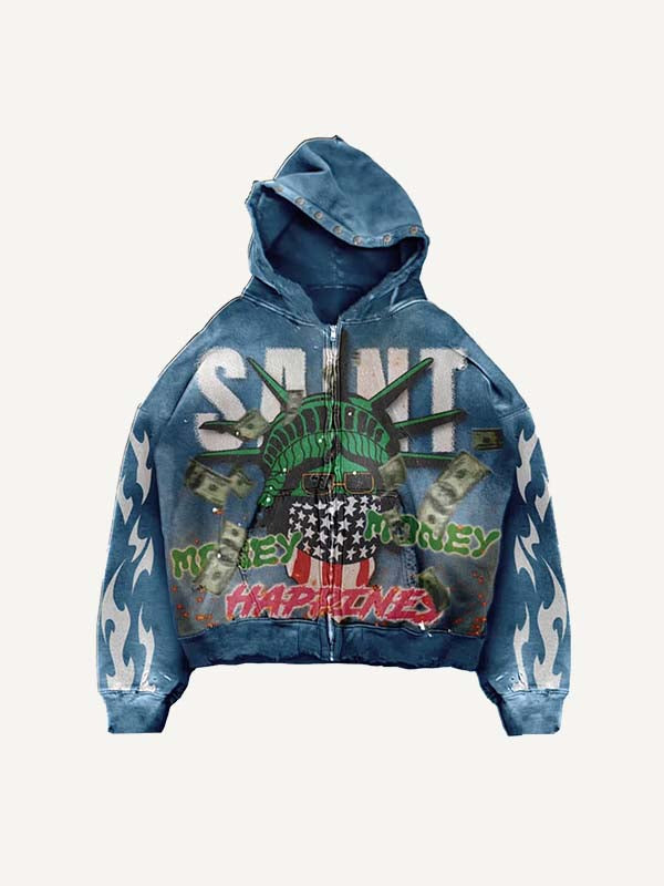Hooded Statue Of Liberty&Letter&Graphic&Money Print Zip Up Hooded Coat