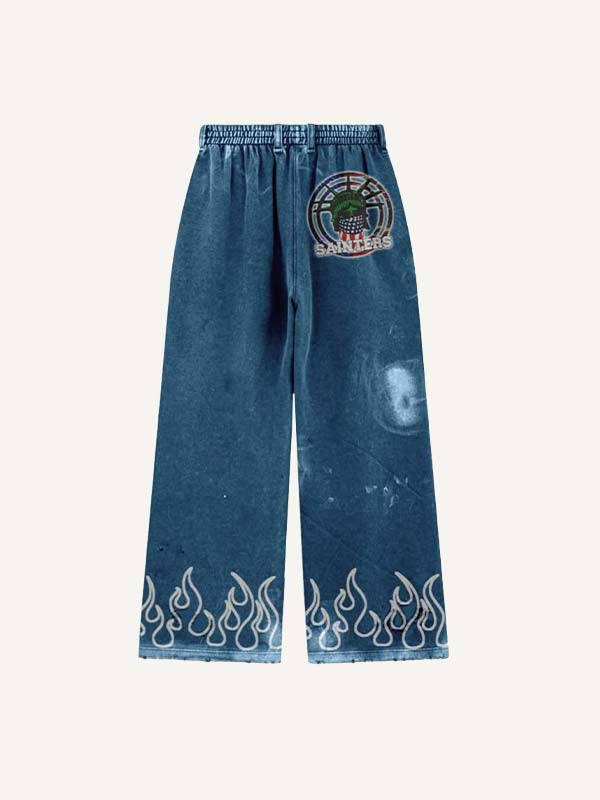 Hooded Statue Of Liberty&Letter&Fire Print Elastic Waist Pants